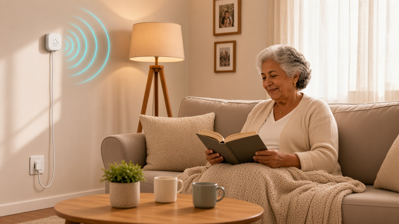 Idosa em casa com sensor SensiLar™ discreto na parede — acompanhamento sem câmera